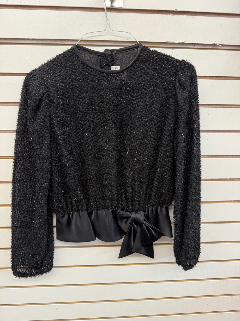 Black Textured Long-Sleeve Peplum Top with Bow